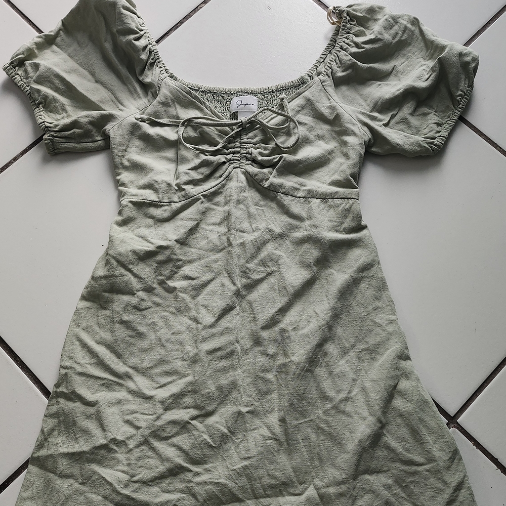 Japna Sage Green Puff-Sleeve Tie-Front Casual Dress